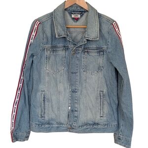 Tommy Hilfiger Light Blue Denim Jacket with Logo Stripes Men's L Spellout Grunge
